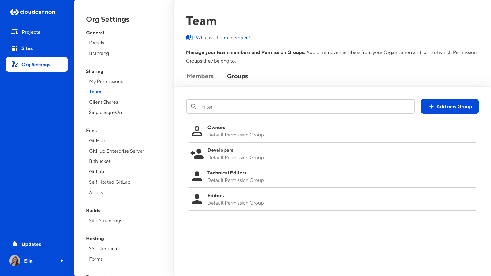 The Team page Groups tab A screenshot of the Team page shows two team members and the + Add Groups button.